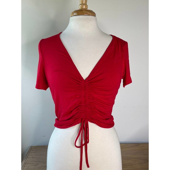 Red V Neck Crop Top | Size M  Red Lace Up Top - Picture 1 of 8